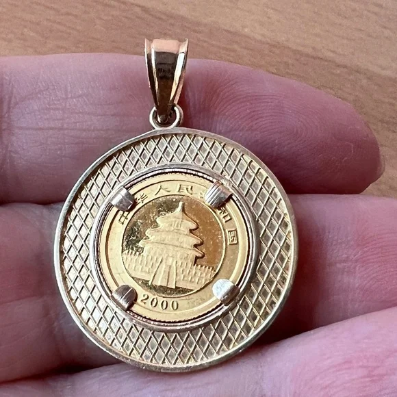 14K BEZEL SET PENDANT PANDA COIN 2000 1/20oz 5 YUAN FROSTED .999 FINE GOLD